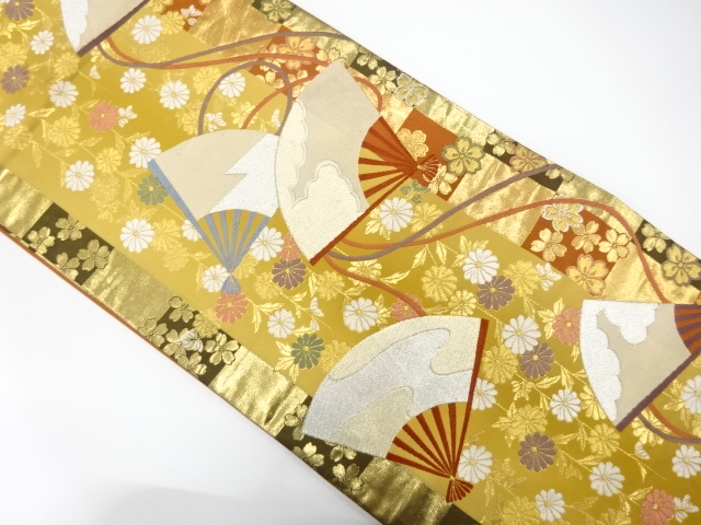 JAPANESE KIMONO / FUKURO OBI FOR FURISODE / SILK / WOVEN FOLDING FAN & WEEPING FLOWERS